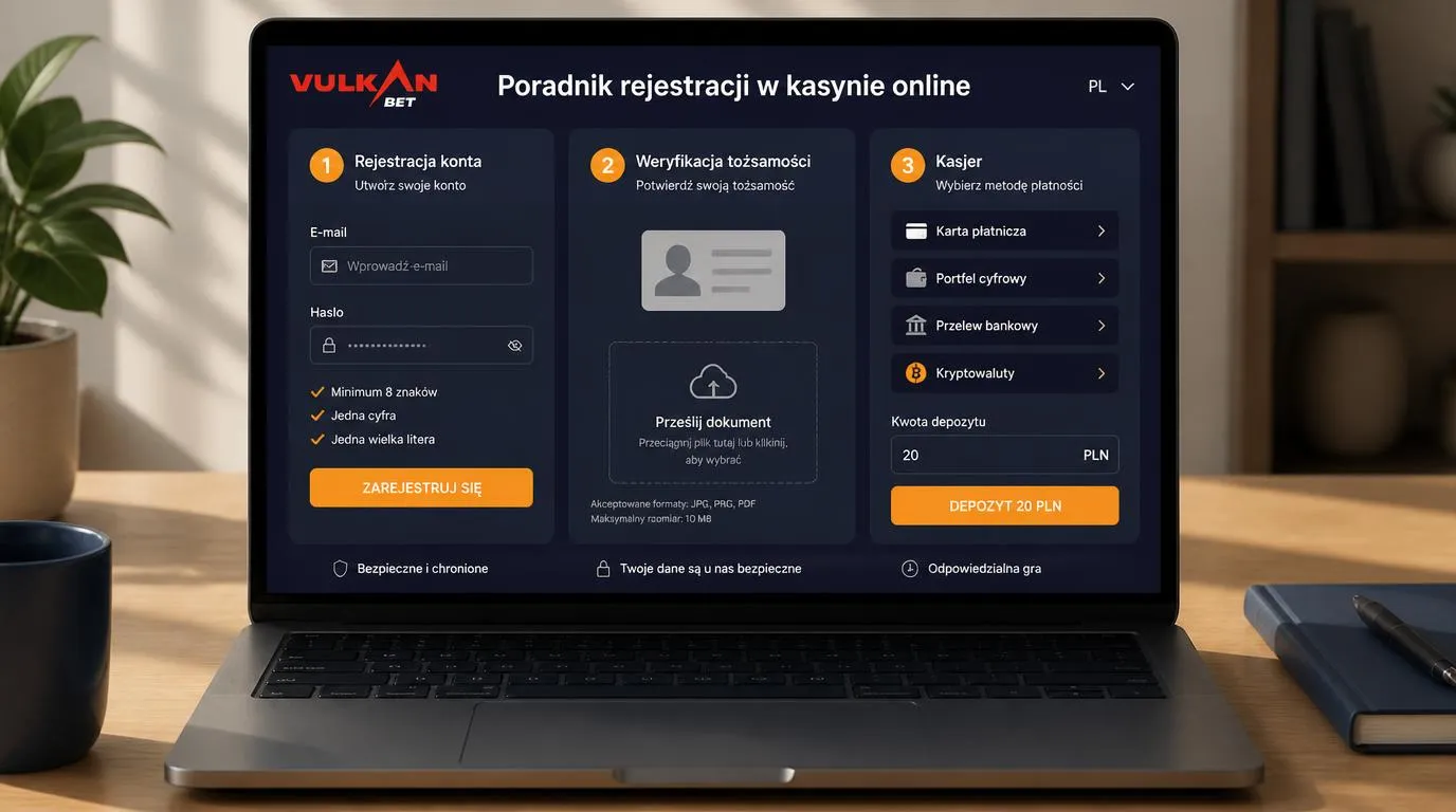 Ekran rejestracji, weryfikacji tożsamości i wyboru płatności w kasie kasyna