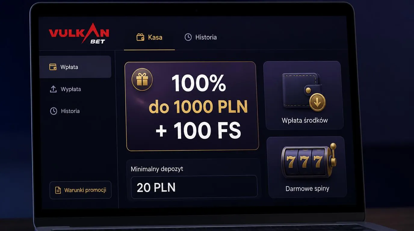 Panel bonusu powitalnego z ofertą 100% do 1000 PLN, 100 darmowymi spinami i minimalnym depozytem 20 PLN